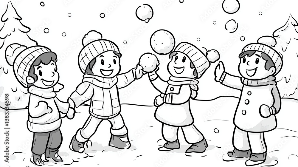Fototapeta premium Children Joyfully Playing in the Snow Creating Snowballs in a Winter Wonderland Scene