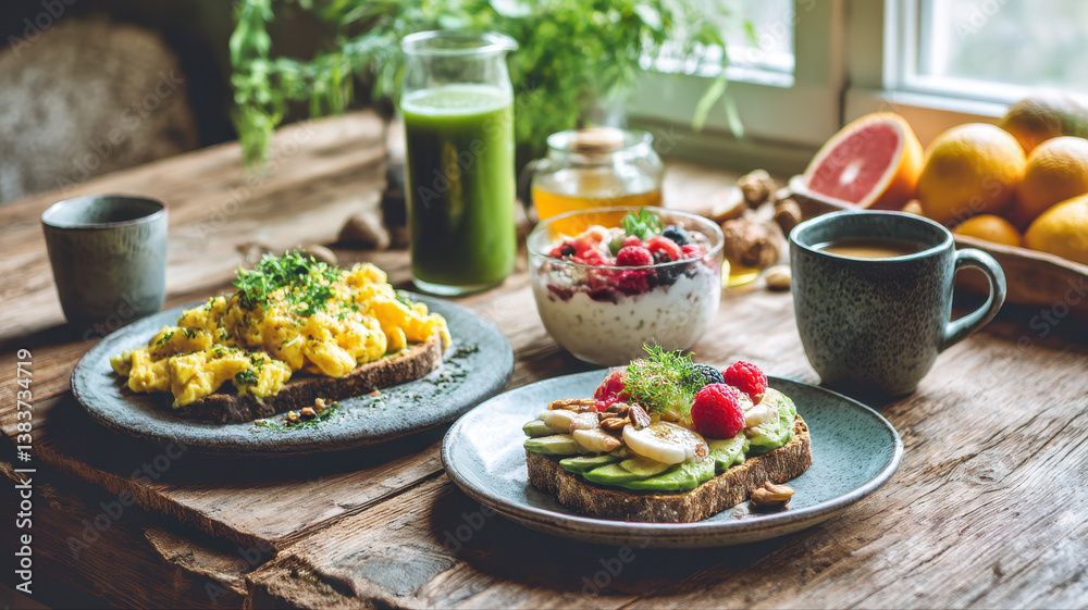 Healthy Breakfast with Fried Eggs, Avocado, and Fresh Fruits on Rustic Wooden Table Healthy Breakfast with Fried Eggs, Avocado, and Fresh Fruits on Rustic Wooden Table