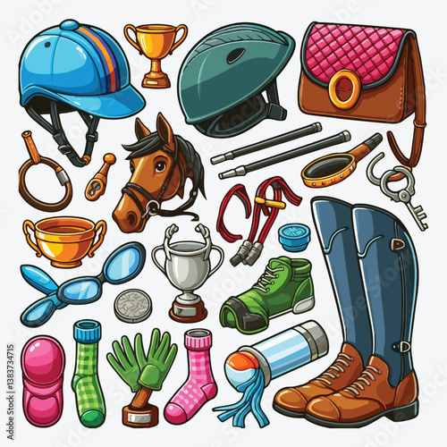 Equestrian sport accessories cartoon illustration set stock illustration