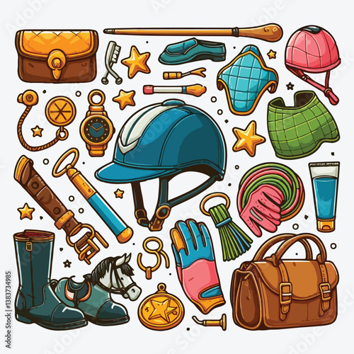 Equestrian sport accessories cartoon illustration set stock illustration