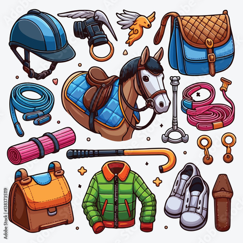 Equestrian sport accessories cartoon illustration set stock illustration