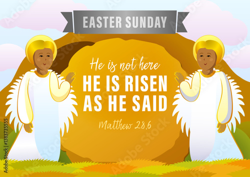 Easter Sunday religious banner with Bible illustration of two angels and open grave. 2 white angels near big rock, flat graphic. Church sermon invitation. He is risen as He said congratulations. 
