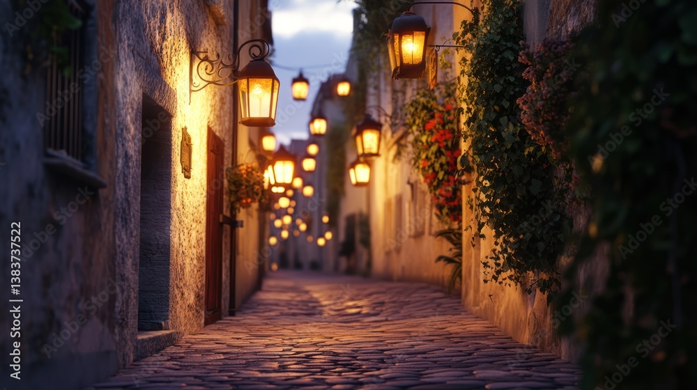 Enchanting european cobblestone street illuminated by warm glowing lanterns at twilight Enchanting european cobblestone street illuminated by warm glowing lanterns at twilight