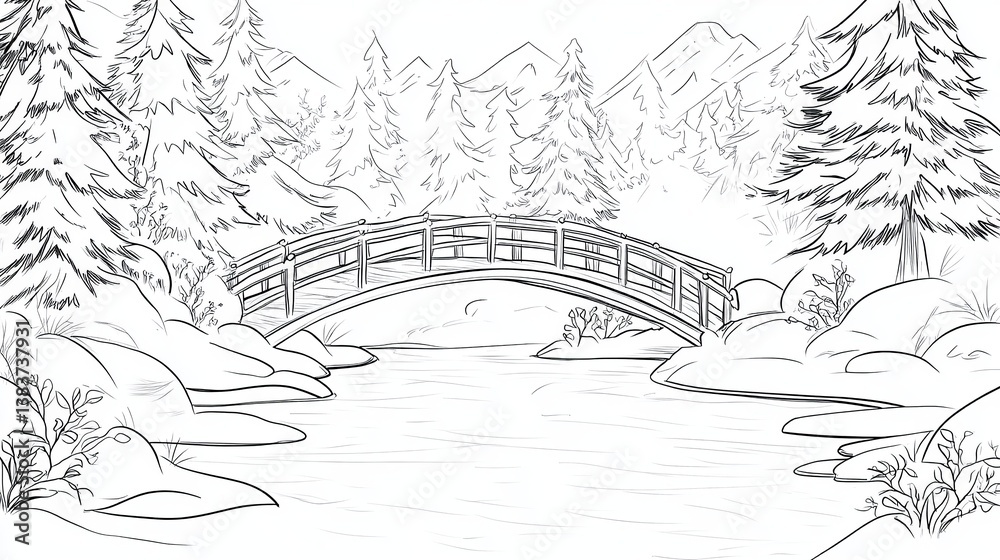 Fototapeta premium Snow Covered Bridge Over a Tranquil Pond Surrounded by Pine Trees in a Winter Landscape