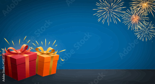 Two cardboard gift boxes, slightly raised and casting soft shadows, lie on the left two-thirds of the picture. Gold and orange fireworks explode against a pitch-black night sky. Vector Illustration