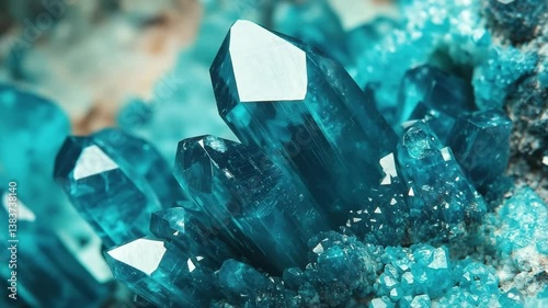 Stunning turquoise crystals with sharp edges, glistening in the light. The crystals are surrounded by smaller, sparkling mineral formations, creating a vibrant and captivating natural display.