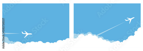 Plane Journey, travel, tours. Simple airplane travel opens the background behind itself. Airport advertising, trip abroad on vacation. vector illustration
