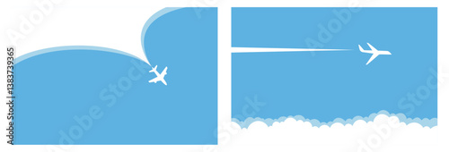 Plane Journey, travel, tours. Simple airplane travel opens the background behind itself. Airport advertising, trip abroad on vacation. vector illustration