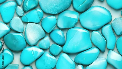 A collection of smooth, polished turquoise stones arranged closely together, showcasing various shapes and sizes. The vibrant blue-green color creates a calming and visually appealing pattern.