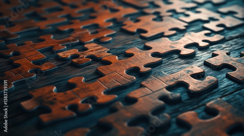 Wooden jigsaw puzzle pieces arranged on a dark rustic wooden surface photo