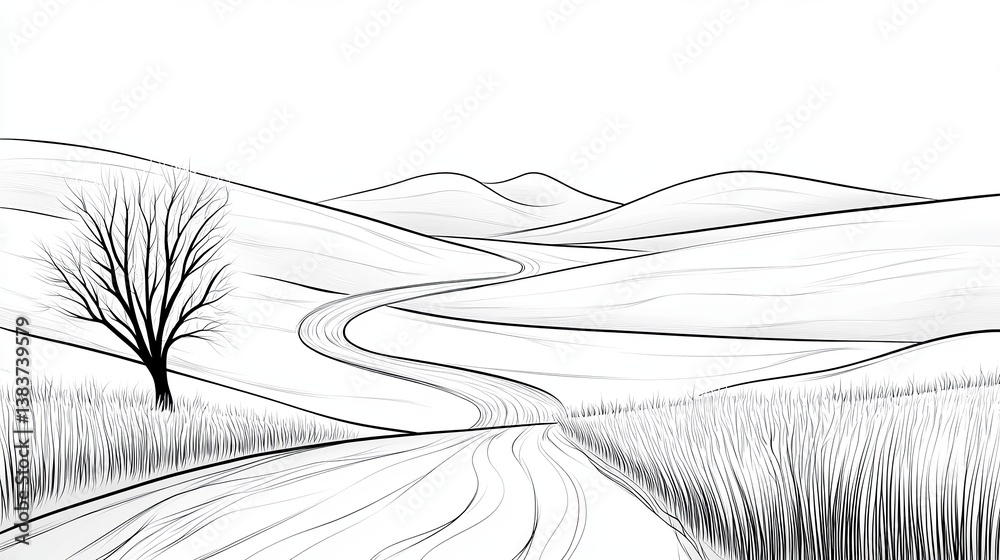 Obraz premium Simple Coloring Book Page Featuring A Snowy Road Through A Tranquil Winter Landscape