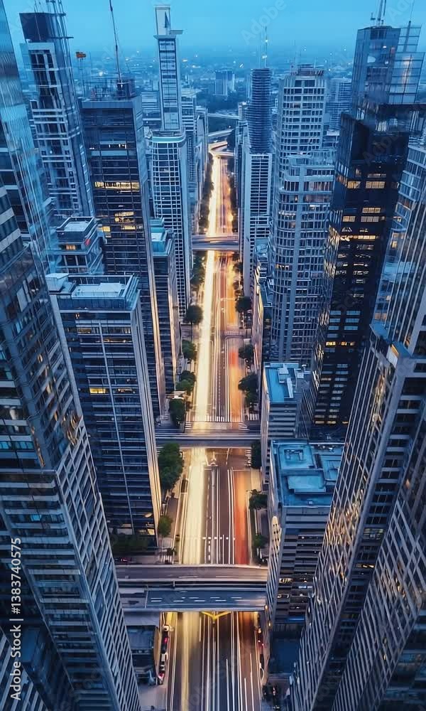 Aerial Drone Timelapse of Urban Cityscape from Twilight to Night, Featuring Vibrant Skyline, Illuminated Skyscrapers, Dynamic Traffic Light Trails