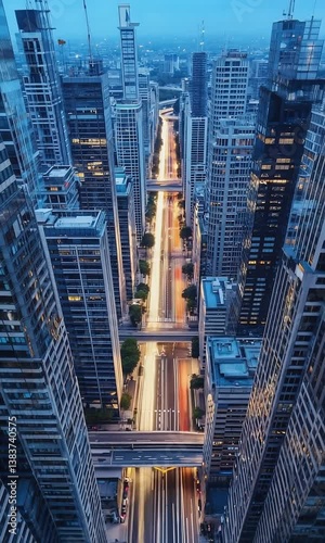 Aerial Drone Timelapse of Urban Cityscape from Twilight to Night, Featuring Vibrant Skyline, Illuminated Skyscrapers, Dynamic Traffic Light Trails