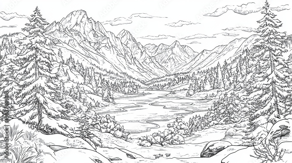 Fototapeta premium Simple Coloring Page Featuring Snowy Valley Landscape with Mountains and Trees Outlined for Creative Use