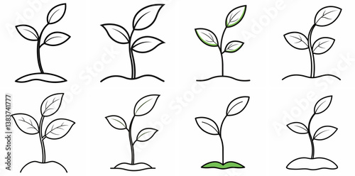 Seedling Sprout Outline Vector Set – Line Art Drawing for Coloring Book Page on White Background