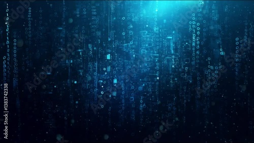 Vertical streams of blue binary code descend against a dark background, creating a digital matrix-like effect. The numbers and letters are illuminated, resembling cascading data or rain