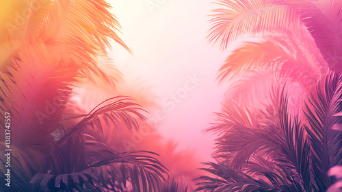 Tropical summer background with palm trees and sunset sky pink purple orange colors, white background summer travel poster design