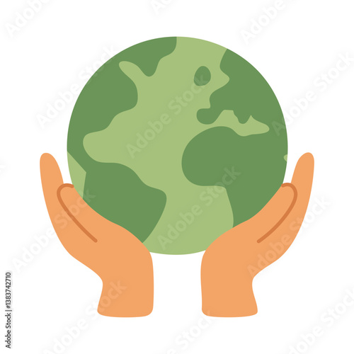 Cartoon planet Earth in human hands. Symbol of care, protection and environmental awareness.