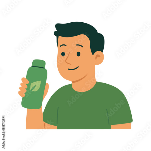 Smiling boy holding green reusable bottle. Promotes eco habits and plastic-free lifestyle.