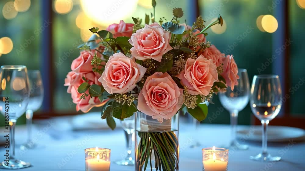 Elegant table setting with pink roses and candles creating a romantic ambiance for a special occasion