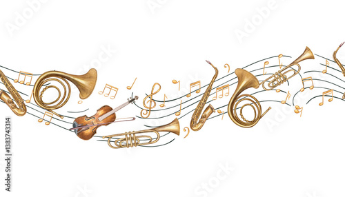 Watercolor musical instruments floating on the musical staff among the notes horizontal seamless banner isolated background. French horn, violin, trumpet, saxophone and musical symbols pattern.