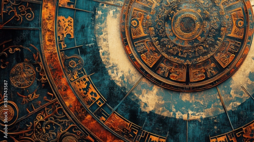 Fototapeta premium Astrological symbols and patterns ancient temples digital artwork vibrant colors aerial view mystical themes