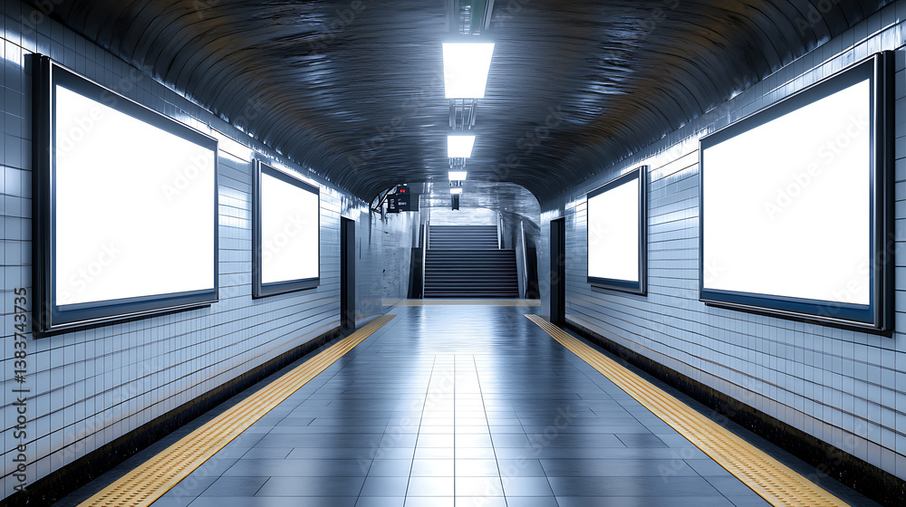 Fototapeta premium Underground metro interior with four blank billboards for advertisements, public transport