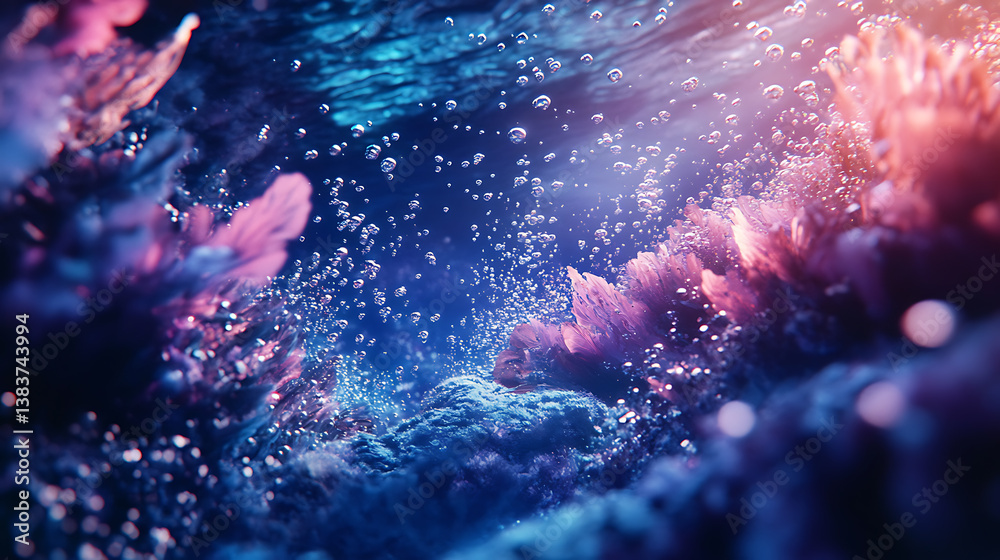 Underwater view with bubbles ascending towards the sea surface, deep ocean background