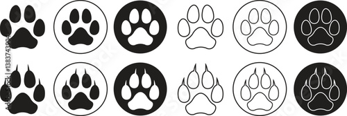 Dog footprint icons set flat and line styles. Modern paw print symbols for animal zoo, vet logo elements apps and website isolated on transparent background. Representing pet and animals illustration.