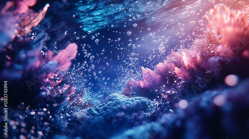 Obraz na płótnie Underwater view with bubbles ascending towards the sea surface, deep ocean background w salonie