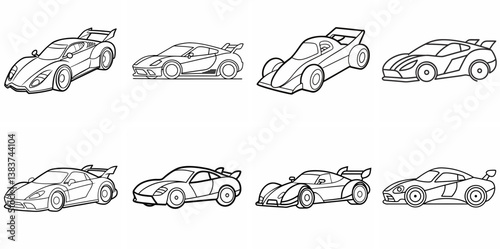 Speedy Racing Car Outline Vector Set – Line Art Drawing for Coloring Book Page on White Background

