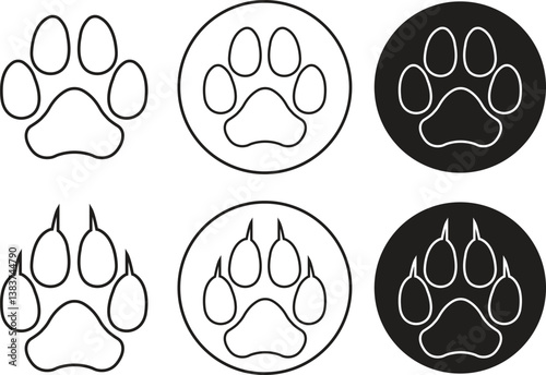 Dog footprint vectors icons set line styles. Modern paw print symbols for animal zoo, vet logo elements apps and websites isolated on transparent background. Representing pet and animals illustration.
