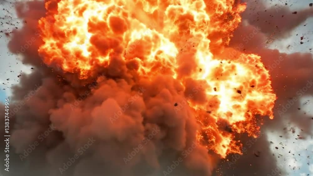 Slow Motion Cinematic Explosion with Fire and Debris in Blue Sky Slow Motion Cinematic Explosion with Fire and Debris in Blue Sky