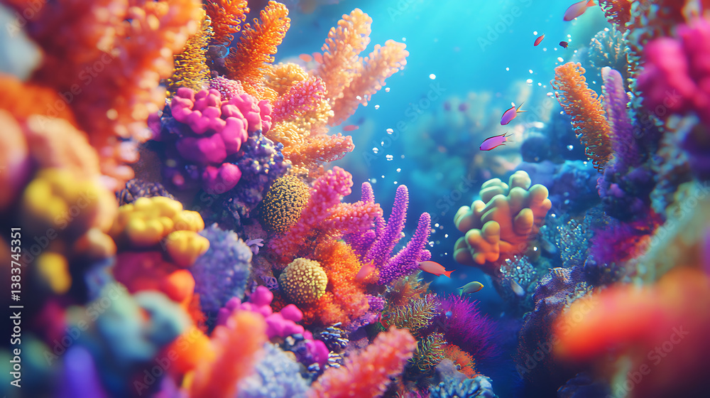 Fototapeta premium Vibrant underwater cartoon scene, colorful coral reef, marine life, adventure, fantasy, illustration