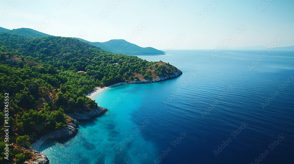 Obraz premium View of the island in the middle of the sea with clear blue water and green palm trees, aerial view, panoramic shot
