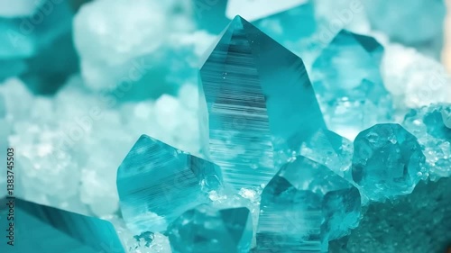 Beautiful turquoise crystals with sharp edges and intricate details, surrounded by smaller crystalline formations, creating a stunning natural display. Mineral pattern texture macro background.