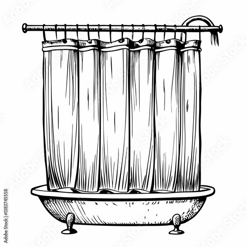 Vintage Hand Drawn Bathtub Illustration with Shower Curtain in Black and White