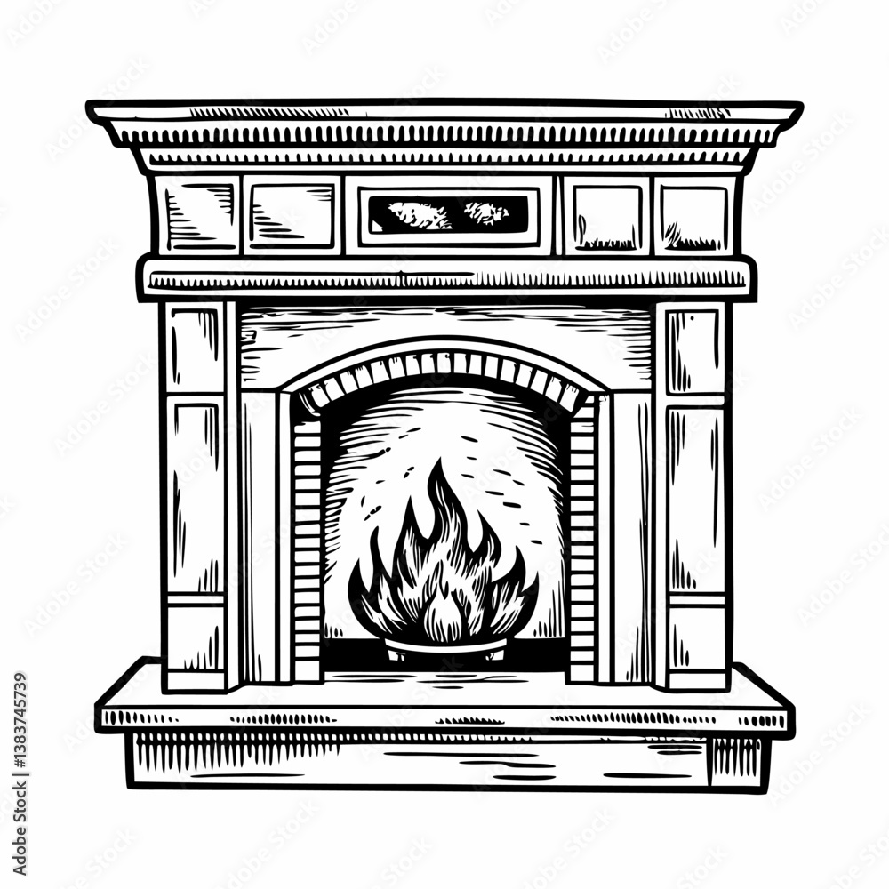 Fototapeta premium Vintage Fireplace Illustration with Elegant Mantel Design in Black and White
