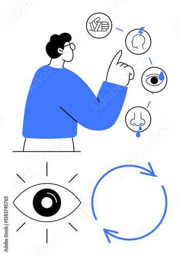 Person pointing at sensory icons representing touch, sight, smell, hearing in a cyclical pattern. Ideal for learning, perception, health, education human senses psychology awareness. Flat simple