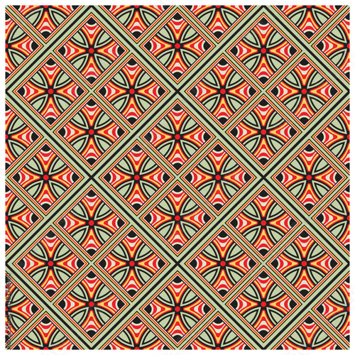 Geometric pattern with red, black, and beige shapes, enclosed in gold lines, creating a diamond motif.