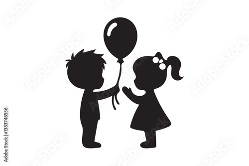 Cute little boy giving a balloon to the girl icon silhouette on white background.