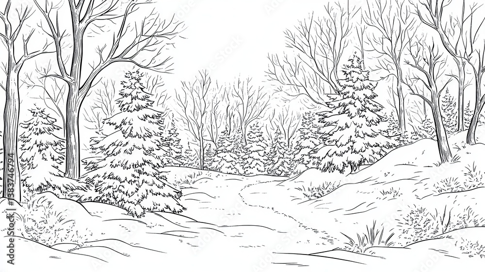 custom made wallpaper toronto digitalSnow Covered Trees and Pathway in a Winter Landscape Coloring Book Page