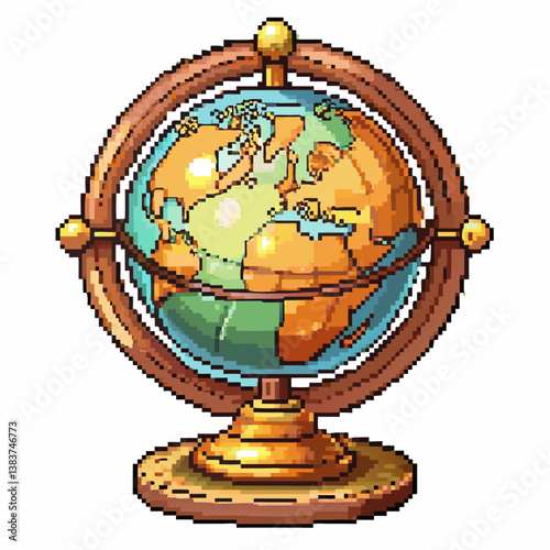 Vintage Pixel Art Globe Illustration in Retro Style