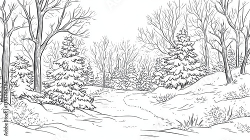 Wallpaper Mural Snow Covered Trees and Pathway in a Winter Landscape Coloring Book Page Torontodigital.ca