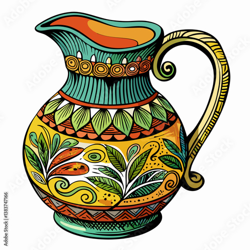 Colorful Ornamental Jug with Leaf Patterns in Vibrant Folk Art Style Illustration