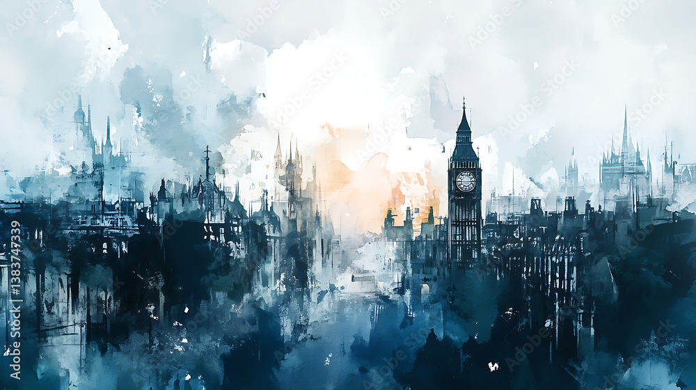 Fototapeta premium Watercolor sketch city buildings background abstract painting