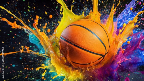 Wallpaper Mural A basketball exploding in a vibrant rainbow paint splash against a black background. Torontodigital.ca