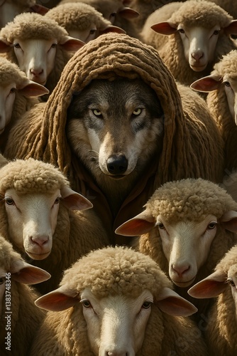 A wolf pretending to be a sheep - a satire on people who pretend to be what they are not, beware of fake people - wolf in sheep's clothing