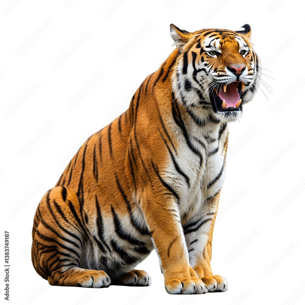 Obraz premium Majestic Bengal Tiger Sitting Isolated on White Background
