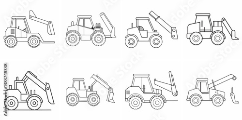 Telehandler Machine Outline Coloring Book Page Line Art Drawing Set